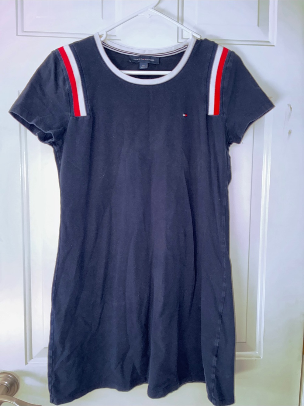 Tommy Hilfiger Navy Mini Tee Dress with Red & White Shoulder Stripes
